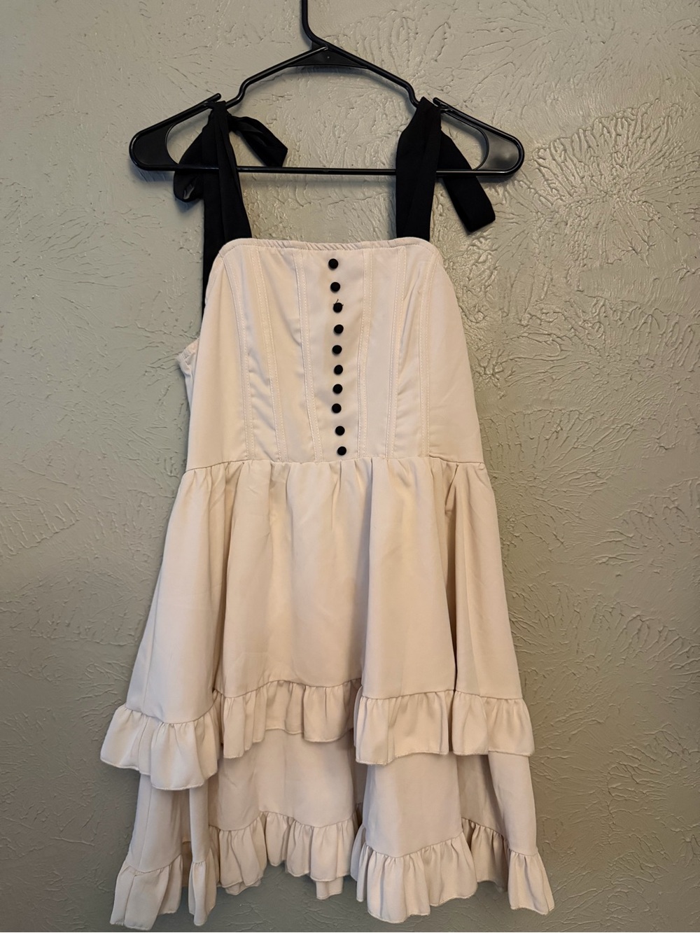 Girls Ivory Ruffle Sundress with Black Tie Straps